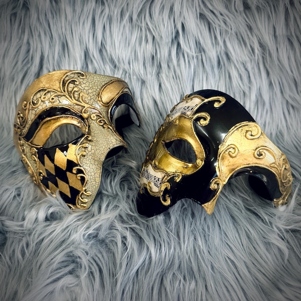 Máscara de ojos de mascarada del fantasma de la ópera en negro y dorado para hombre: máscaras para Mardi Gras, Halloween y fiestas venecianas.