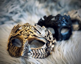 Herrmask i guld med romersk-grekisk mönster för Mardi Gras, Halloween, venetiansk maskeradbal