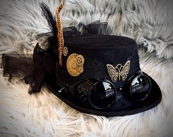 Black Women Victorian Steampunk Mad Hatter Scientist Time Traveler Top Hat Halloween Costume Cosplay Hats with Butterfly