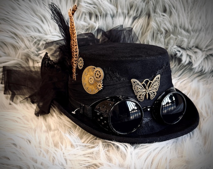 Black Women Victorian Steampunk Mad Hatter Scientist Time Traveler Top Hat Halloween Costume Cosplay Hats with Butterfly