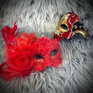 Red Men And Women Masquerade Costume Masks : Halloween , Mardi Gras , Venetian Party Ball Mask