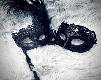 Black Men or Women Masquerade Masks , Men's Venetian Eye Masks, Women Wedding Party Mask with Stick or Elastic Band For Mardi Gras