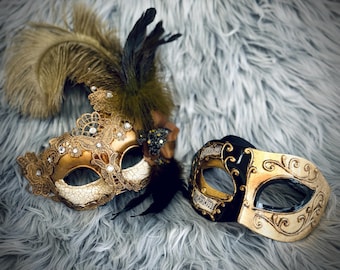 Maschera Veneziana Coppia Uomo E Donna, Pizzo Nero E Oro Con Laccio Regolabile, Per Carnevale E Halloween