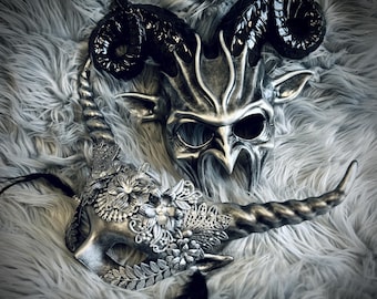 Masques de chèvre en corne de démon Krampus argent pour hommes ou femmes pour Halloween, steampunk, masque de costume de mariage mascarade