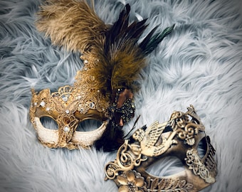Gold Masquerade Masks For Couples, His and Hers Feather Masks, couples Venetian Masks, Feather Mask, Party Mask with Stick or Elastic Band.