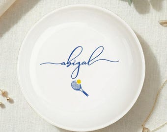 Personalisierte Tennis Schmuck Schüssel Benutzerdefinierte Name Catchall Tablett Tennis-Liebhaber Geschenk Elegante Sport Dekor für Schlafzimmer