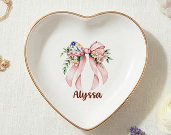 Personalisierte Herz Schmuckschale, benutzerdefinierte Name Ring Schale für Frauen, Floral Bow Trinket Tablett, Geschenk für sie