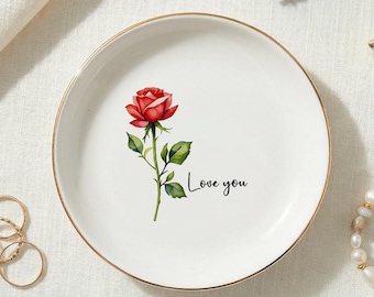 Personalisierte Geburt Blume Trinket Dish Benutzerdefinierte Name Ring Halter Keramik Schmuck Tablett Geburtstagsgeschenk für sie Elegante Blumenschmuck Schüssel
