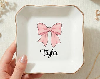 Personalisierte Ring Schale, Schleife Andenken, Geburtstag Geschenk für sie, niedlicher Schreibtisch Organizer, Brautjungfer Geschenk