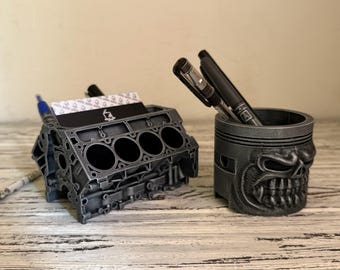 Engine Block Desk Organizer Set,  Business Card and Pen Holder, Auto Mechanic Decor, Gearhead Office Accessory