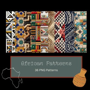 Puede incluir: Una colección de diversos patrones africanos en varios colores y texturas. La imagen presenta una variedad de diseños, incluyendo formas geométricas, texturas tejidas y patrones intrincados. El texto "African Patterns" y "36 PNG Patterns" se muestra sobre un fondo gris.