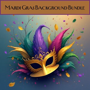 Op de afbeelding: Een gouden Mardi Gras-masker met paarse, roze, groene en gele veren en een met juwelen bezette kroon. De afbeelding bevat bovenaan de tekst "MARDI GRAS BACKGROUND BUNDLE", met confetti verspreid rond het masker.