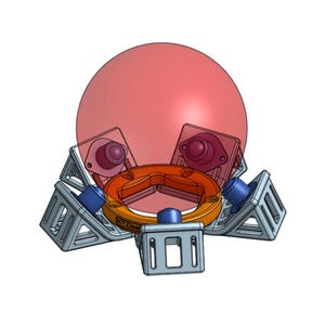 May include: A 3D rendering of a mechanical assembly featuring a large, spherical, reddish-orange object. Surrounding it are several components: gray triangular supports, orange rings, blue cylinders, and pink circular elements.