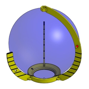 May include: A 3D rendering of a blue sphere with a yellow frame and a central vertical rod. The frame has a hexagonal top and a curved design with black stripes. A small red element is visible on the frame.