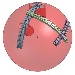 以下が含まれることがあります： 赤い球体と複雑な測定装置の3Dレンダリング。 この装置は、緑と紫の色合いの湾曲した目盛り付きアームを備え、数値マーキングが付いています。 2つの赤い円柱も表示されています。