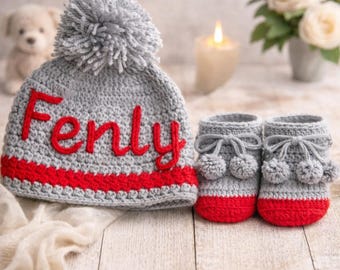 Conjunto personalizado de gorro y patucos de ganchillo para bebé, regalo para baby shower, regalo artesanal para recién nacido, conjunto personalizado para bebé.