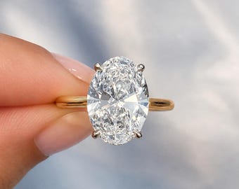 Verlobungsring mit ovalem Moissanit (4,00 ct), Solitärring aus 14-karätigem Gelbgold mit verstecktem Halo, großer Diamant-Verlobungsring für Damen