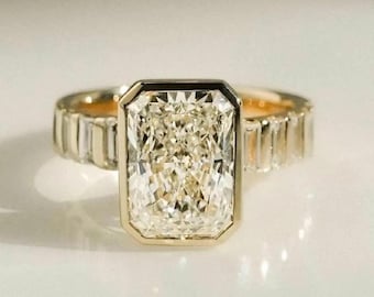 3 CT Radiant Cut Lab Grown Diamond Bezel Engagement Ring | 14K Yellow Gold Wedding Bezel Set Ring | IGI Certified Diamond | Promise Ring Her