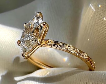 3 CT Dutch Marquise Lab Grown Diamond Ring | 14K Yellow Gold Floral Engraved Band Vintage Solitaire Ring | IGI Certified Marquise Diamond