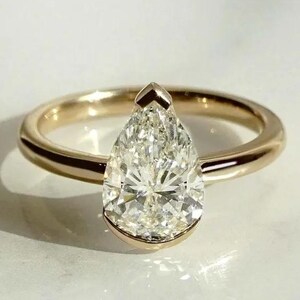 1.50 CT Pear Cut Moissanite Engagement Ring | Half Bezel 14K Yellow Gold Solitaire | Moissanite Promise & Wedding Ring