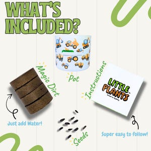 May include: A white plant pot with construction vehicles, magic dirt, seeds, and instructions. The instructions are from Little Plants, Grown in Sydney. The text "What's Included?" is at the top.