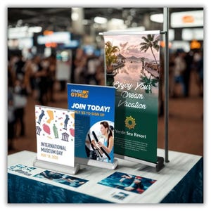May include: A display of promotional materials on a table. The materials include three small roll-up banners and several printed flyers. The banners advertise a fitness gym, a museum day, and a resort. The banners are white, blue, and green.