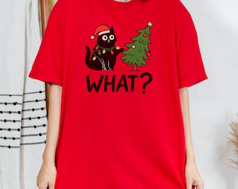 Funny Christmas Cat Shirt, Unisex Holiday Tee, Black Cat and Tree Design, Cute Xmas Sweatshirt, Kids Christmas Shirt Gift Idea