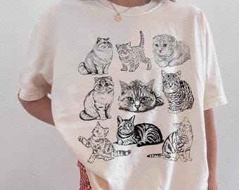 Camiseta vintage de gatos, Comfort Colors®, regalo para amantes de los gatos, camisetas de gatos adorables, camiseta de gatitos, sudadera unisex con temática de naturaleza para mascotas adultas, camiseta estilo tatuaje