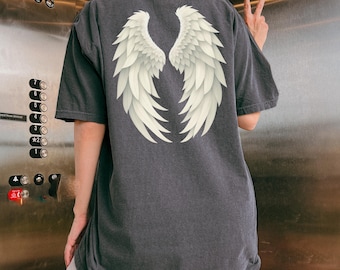 Comfort Colors® angel wings shirt, unisex t shirt with white feather wings, spiritual gift, graphic tee, cozy sweatshirt, kids and adult top