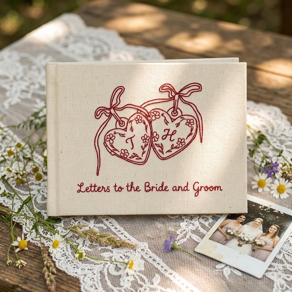 Personalized Letters to the Bride and Groom Book, Hand Embroidered Linen Wedding Guest Book, Custom Heart Locket Memory Journal
