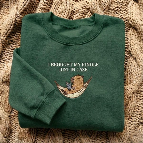 I Brought My Kindle Just In Case Crewneck, Embroidered Book Nerd Gift, Cute Animal Reading Sweater, Librarian Teacher Top