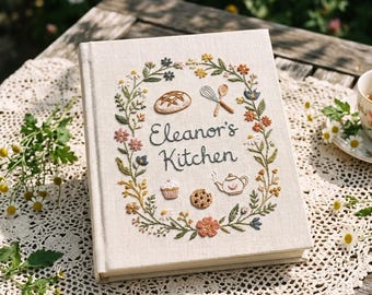 Custom Embroidered Recipe Journal for Home Chef, Personalized Linen Cookbook, Rustic Flower Kitchen Decor, Bridal Shower Gift for Her