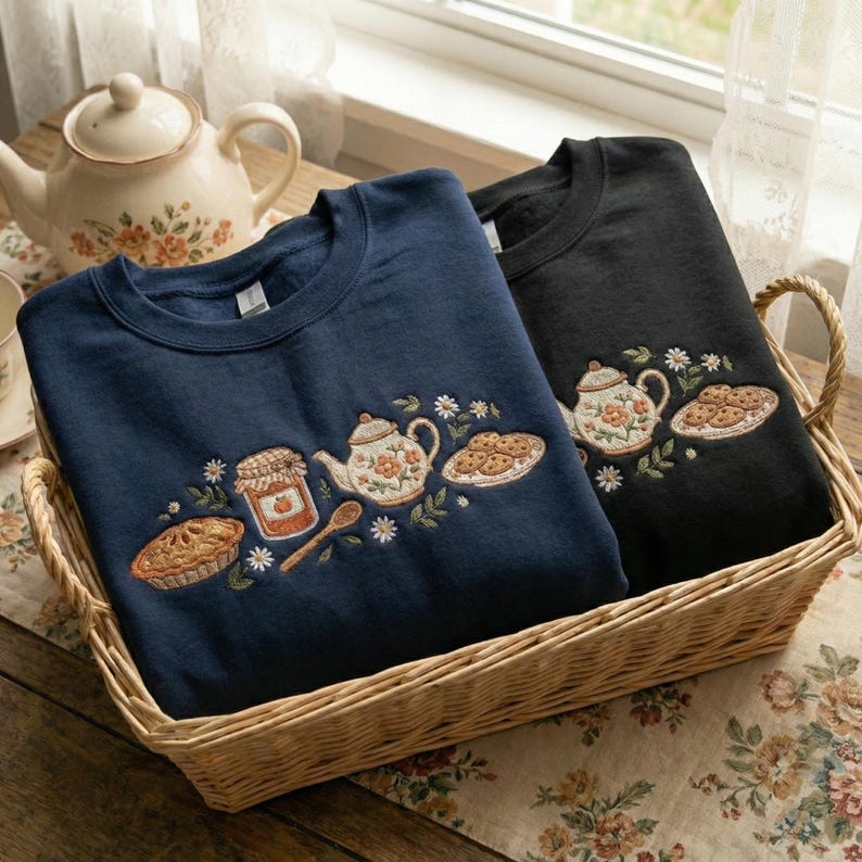 May include: Two crewneck sweatshirts, navy and black, sit in a wicker basket. Each has an embroidered design of a teapot, biscuits, pie, jam jar, and spoon. The sweatshirts are part of a tea-themed collection, perfect for a cosy aesthetic.