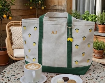 Embroidered Lemon Canvas Boat Tote, Personalized Monogram Beach Bag