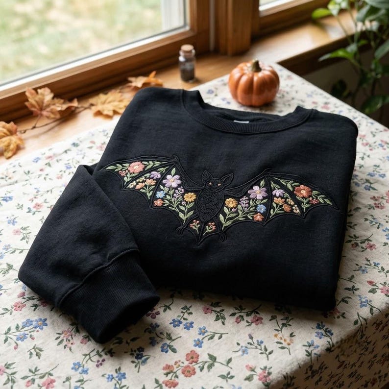 Peut inclure: Un sweat-shirt noir &agrave; col rond orn&eacute; d'une broderie repr&eacute;sentant une chauve-souris dont les ailes sont remplies de motifs floraux color&eacute;s, incluant des fleurs roses, orange, jaunes et bleues, centr&eacute;e sur la poitrine du v&ecirc;tement.