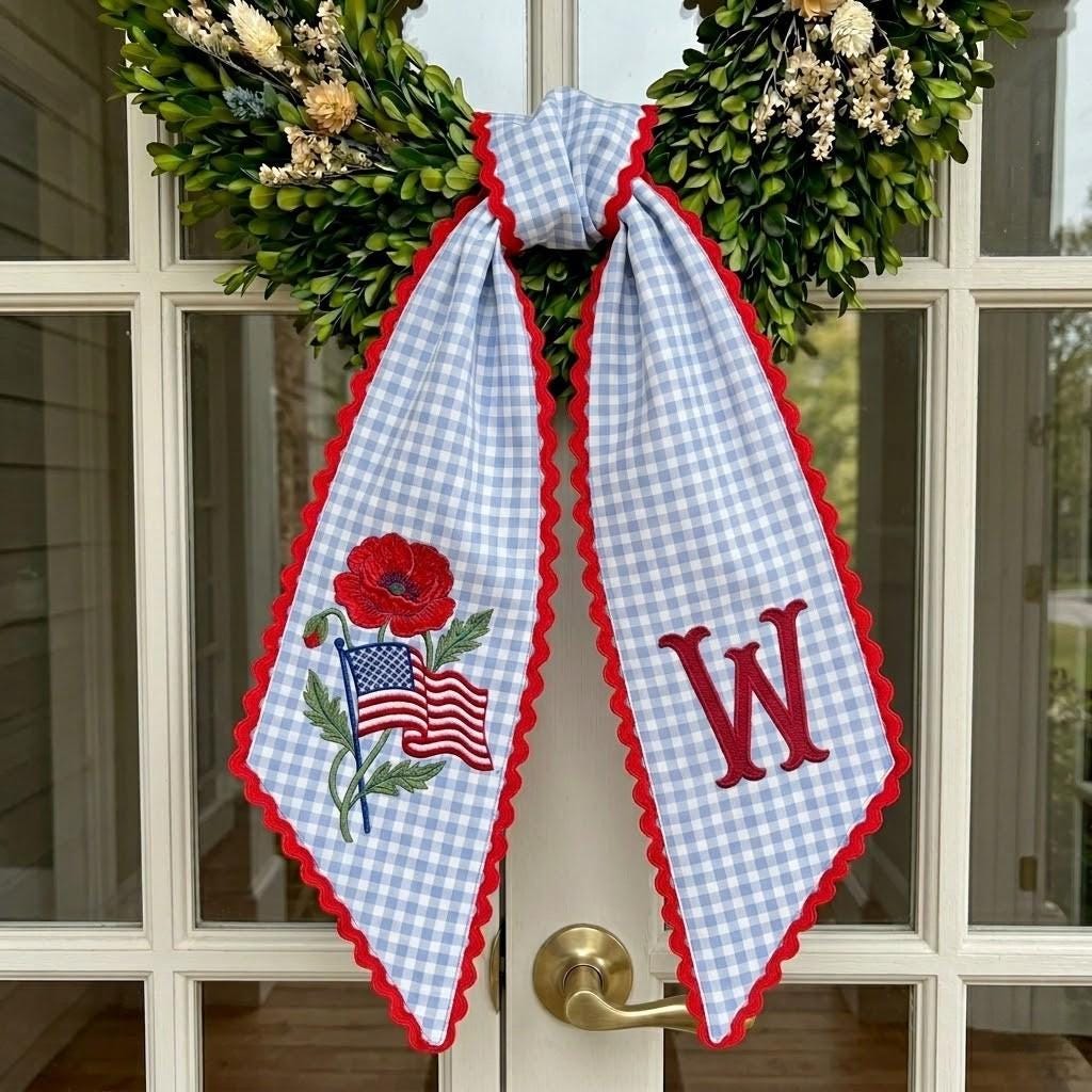 Custom Monogram Wreath Sash, Patriotic Blue Gingham Front Door Bow With ...
