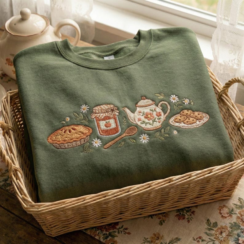 May include: An olive green crew neck sweatshirt featuring an embroidered design of a pie, jam jar, teapot, spoon, and biscuits. The design uses brown, orange, and white. The sweatshirt is in a wicker basket.