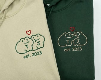Embroidered Frog Love Sweater, Matching Couple Hoodies With Initials, Funny Toad Anniversary Gift, Personalized Initials Hoodie