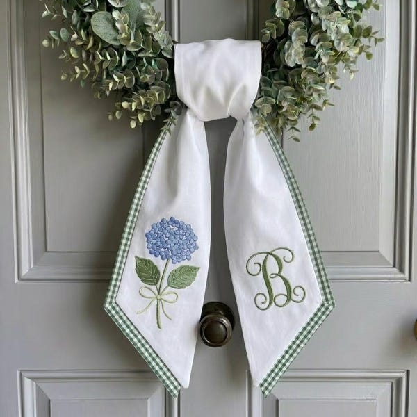 Personalized Blue Hydrangea Embroidered Wreath Sash, Custom Monogram Door Bow, Coastal Spring Decor, Monogramed Wedding Sash