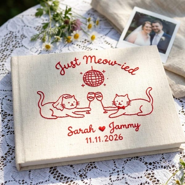 Livre d'or de mariage brodé personnalisé « Juste miaulé », journal souvenir en lin, cadeau pour amoureux des chats