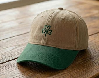 Personalized Lucky Hat, Embroidered Four Leaf Clover, Custom Dad Cap, St Paddys Day Accessory, Green Two Tone Hat, Group Matching