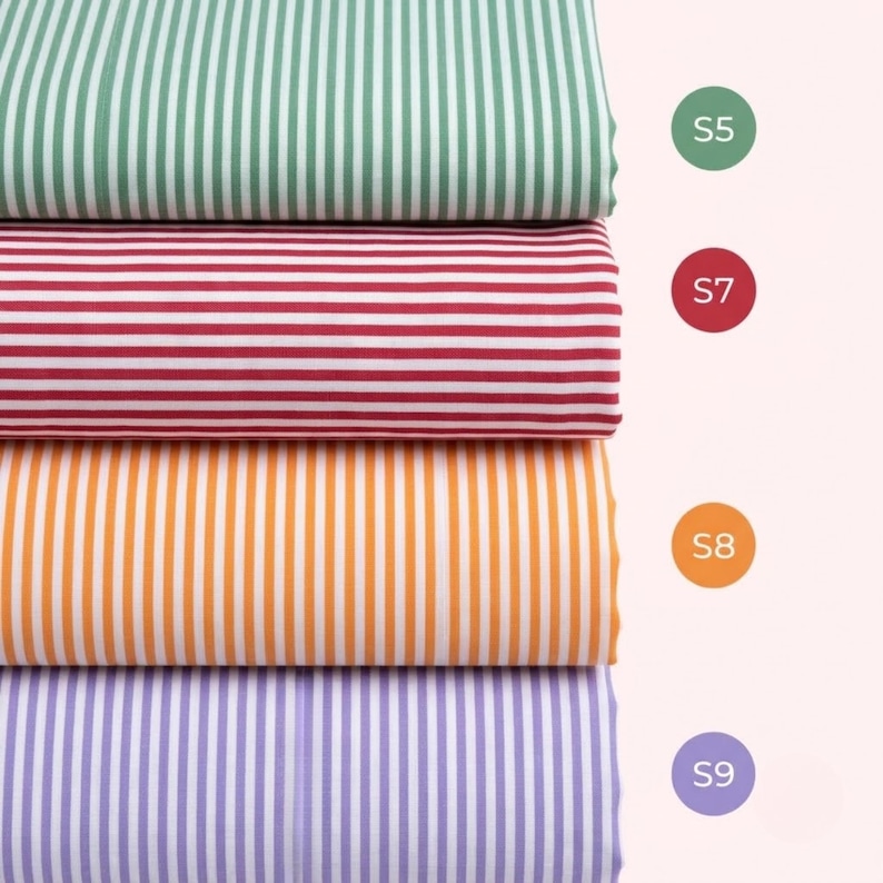 May include: Four stacked rolls of fabric featuring vertical stripes in green, red, orange, and purple, each paired with white. To the right of each fabric roll is a circular icon labeled S5, S7, S8, and S9, corresponding to the color of the fabric.