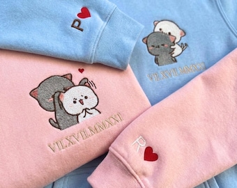 Custom cat Couple Embroidered Hoodie with Roman Date & Initials, Matching embroidered Hoodies, 1st Anniversary Gift for Couples