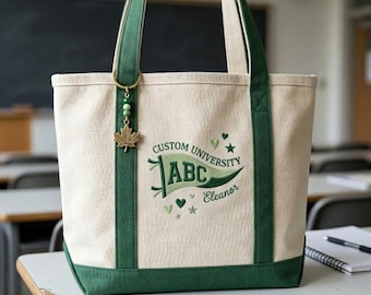 Custom University Pennant Embroidered Canvas Tote, Vintage School Spirit Bag, Personalized Graduation Gift for Her, Preppy Collegiate Tote