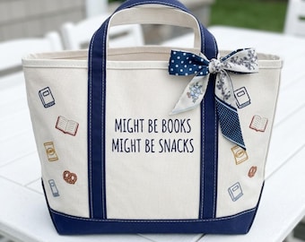 Might Be Books Might Be Snacks Tote Bag with Zipper, Embroidered Bookworm Gift, Back to School Tote, Snack Lover Gift, Canvas Book Bag