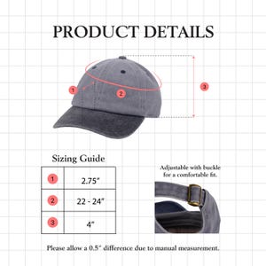 May include: A gray baseball cap with a curved brim and adjustable buckle. The hat's crown measures 2.75 inches, with a circumference of 22-24 inches, and a brim length of 4 inches. The text "PRODUCT DETAILS" and "Sizing Guide" are visible.