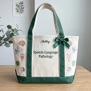 Elevate your clinical shifts and grad school days with our Personalized Speech-Language Pathology "Icon Dump" Boat Tote. Designed for the dedicated SLP, SLPA, and student, this bag is a beautiful tribute to the science and heart of communication. Featuring a curated collection of hand-digitized embroidery icons—including the brain, ASL "I Love You" sign, and vocal folds—this tote is as professional as it is stylish.