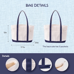 May include: Cream-colored tote bag with navy blue accents. The bag is 13 inches tall, 17.7 inches wide, and 3.5 inches deep. The back side has 3 pockets. The bag has navy blue handles and a navy blue base. The text "BAG DETAILS" is at the top.