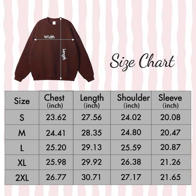 Peut inclure: Un sweat-shirt marron fonc&eacute; &agrave; col rond affich&eacute; au-dessus d'un tableau de tailles. Le tableau indique les tailles S &agrave; 2XL avec les mesures correspondantes en pouces pour la poitrine, la longueur, l'&eacute;paule et la manche.