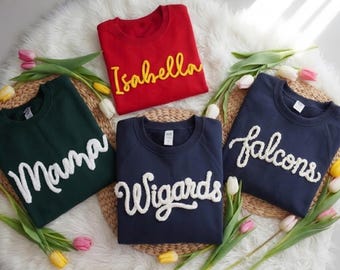 Custom text Embroidered Chenille Yarn Sweatshirt: Mama, Sports Team, band, grandma, game day Fuzzy Letter, Personalized Gift